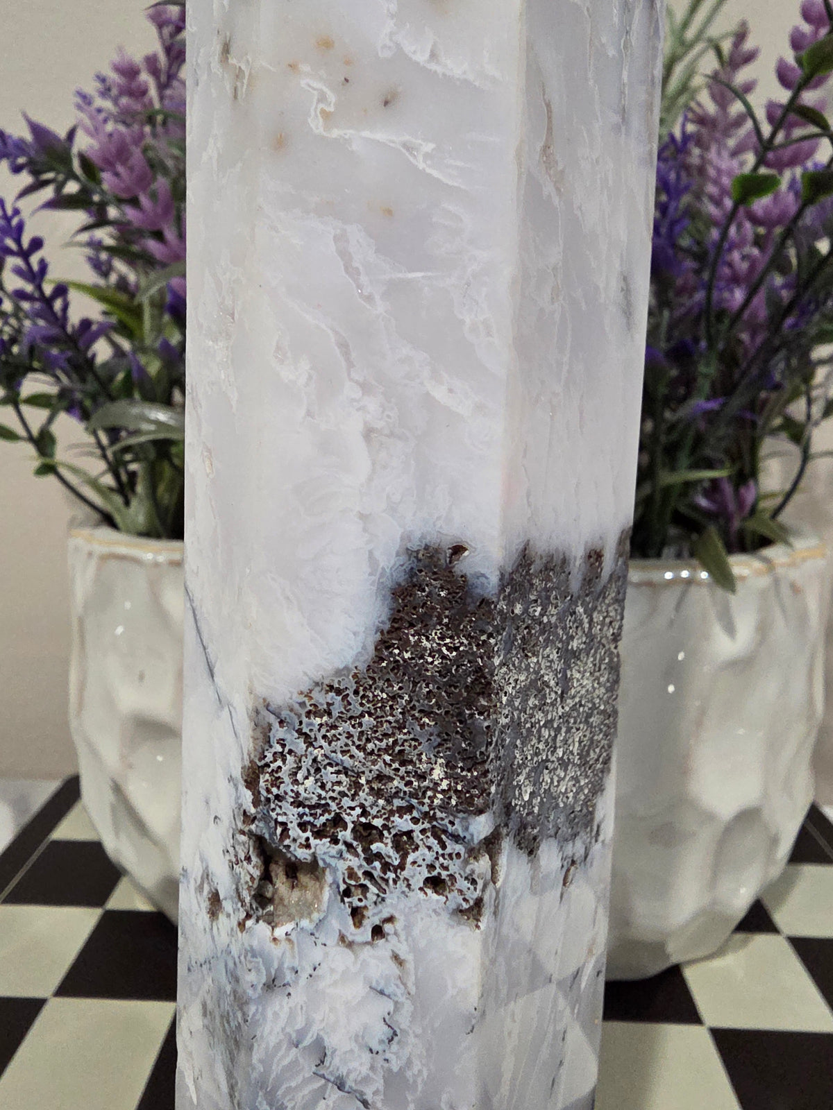 White Flower Agate Tower 6” | Natural Druzy Agate Crystal Point | Polished White Gray Stone Décor | IG Crystal Archive