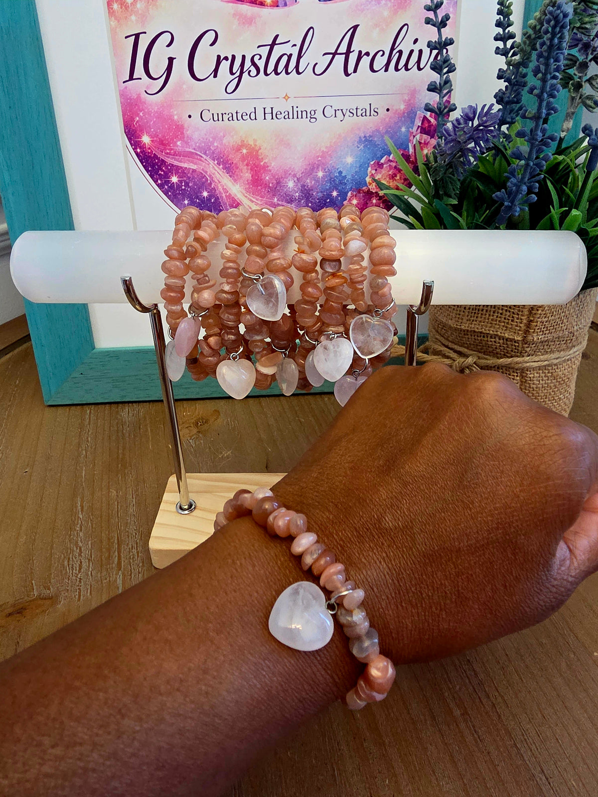 Peach Moonstone Chip Bracelet with Rose Quartz Heart Charm | Natural Pink Peach Gemstone Stretch Bracelet | Crystal Jewelry