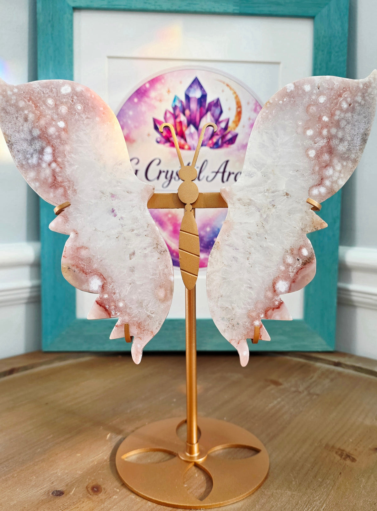 Pink Flower Agate Butterfly Wings on Gold Metal Stand | Large Crystal Butterfly Décor | Statement Crystal Display