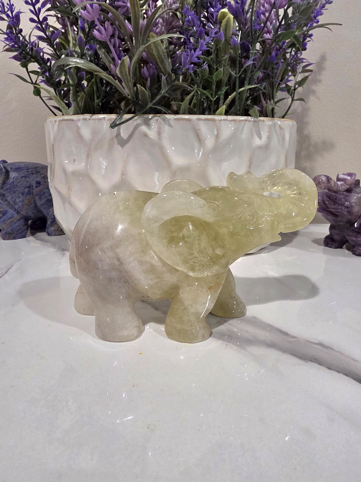 Hand Carved Yellow Calcite Elephant Figurine, Polished Crystal Animal Decor