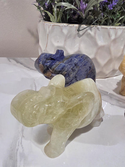 Hand Carved Yellow Calcite Elephant Figurine, Polished Crystal Animal Decor