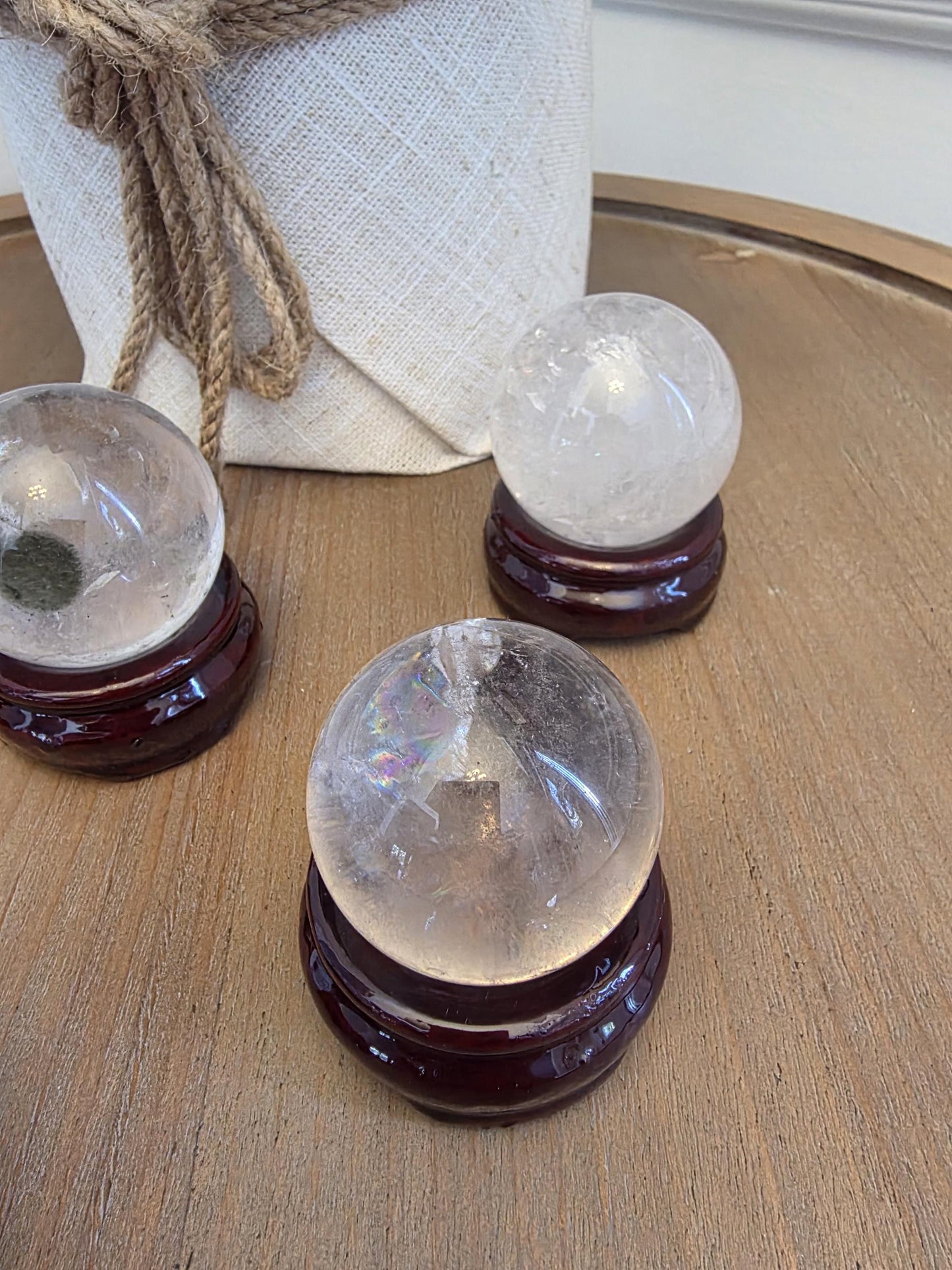 Clear Quartz Crystal Sphere Set | Polished Healing Orbs, Natural Inclusions (Wooden Stands)