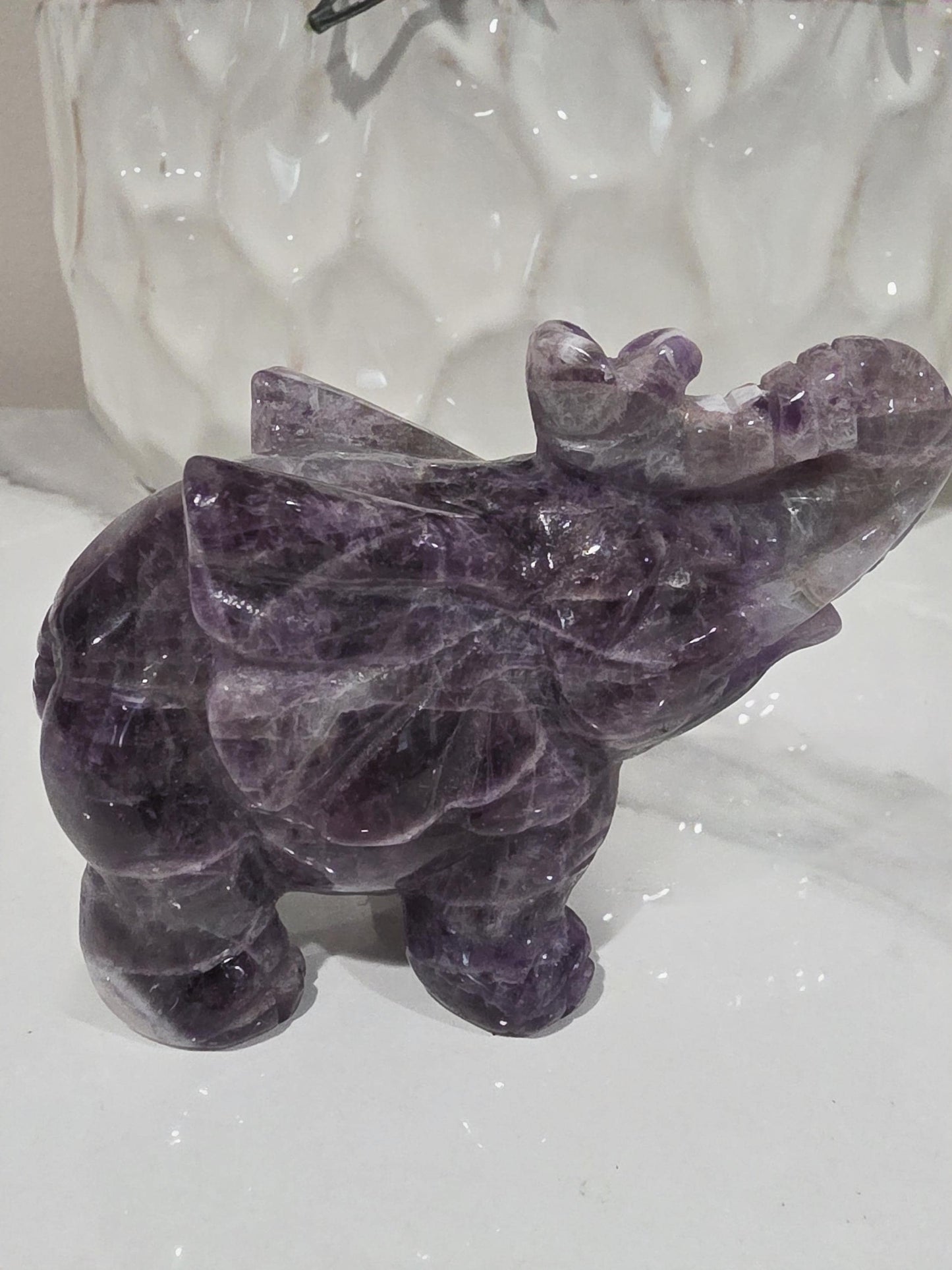 Hand Carved Amethyst Elephant Figurine, Polished Crystal Stone, Spiritual Good Luck Decor