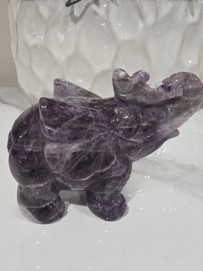 Hand Carved Amethyst Elephant Figurine, Polished Crystal Stone, Spiritual Good Luck Decor