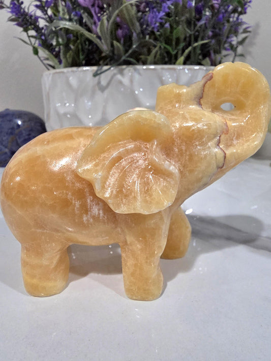 Hand Carved Orange Calcite Elephant | Natural Crystal Decor, Good Luck Stone