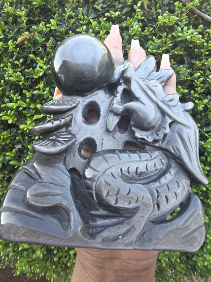 Gold Sheen Obsidian Dragon Carving with Sphere | Hand Carved Fantasy Decor, Protective Stone