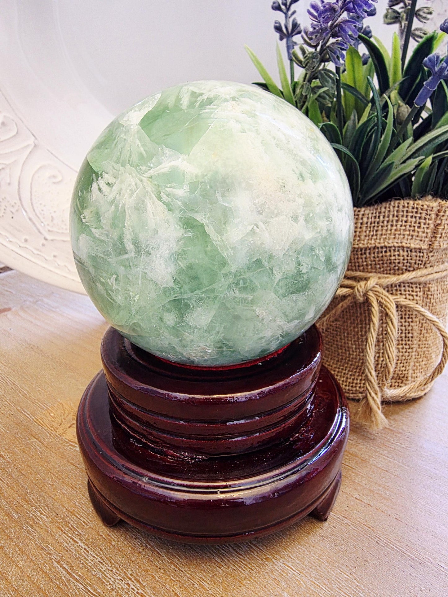 Large Polished Green Fluorite Sphere – Cloud-like Inclusions, Calming Energy, Statement Decor