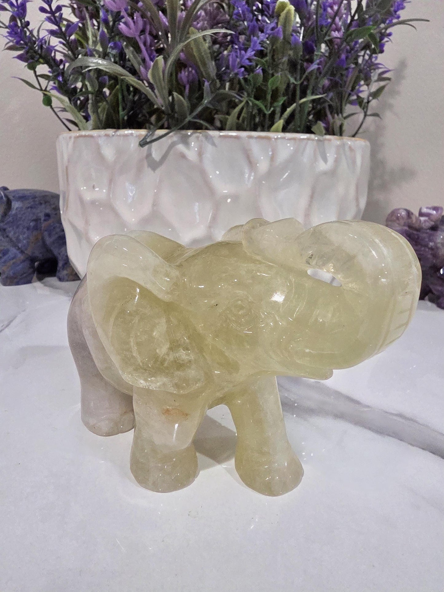 Hand Carved Yellow Calcite Elephant Figurine, Polished Crystal Animal Decor