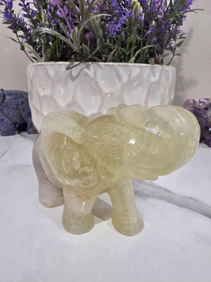 Hand Carved Yellow Calcite Elephant Figurine, Polished Crystal Animal Decor