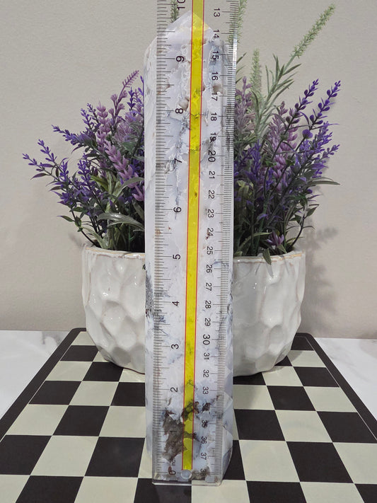 White Flower Agate Tower 6” | Natural Druzy Agate Crystal Point | Polished White Gray Stone Décor | IG Crystal Archive
