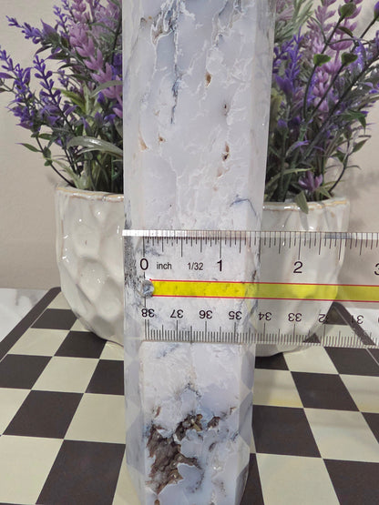 White Flower Agate Tower 6” | Natural Druzy Agate Crystal Point | Polished White Gray Stone Décor | IG Crystal Archive