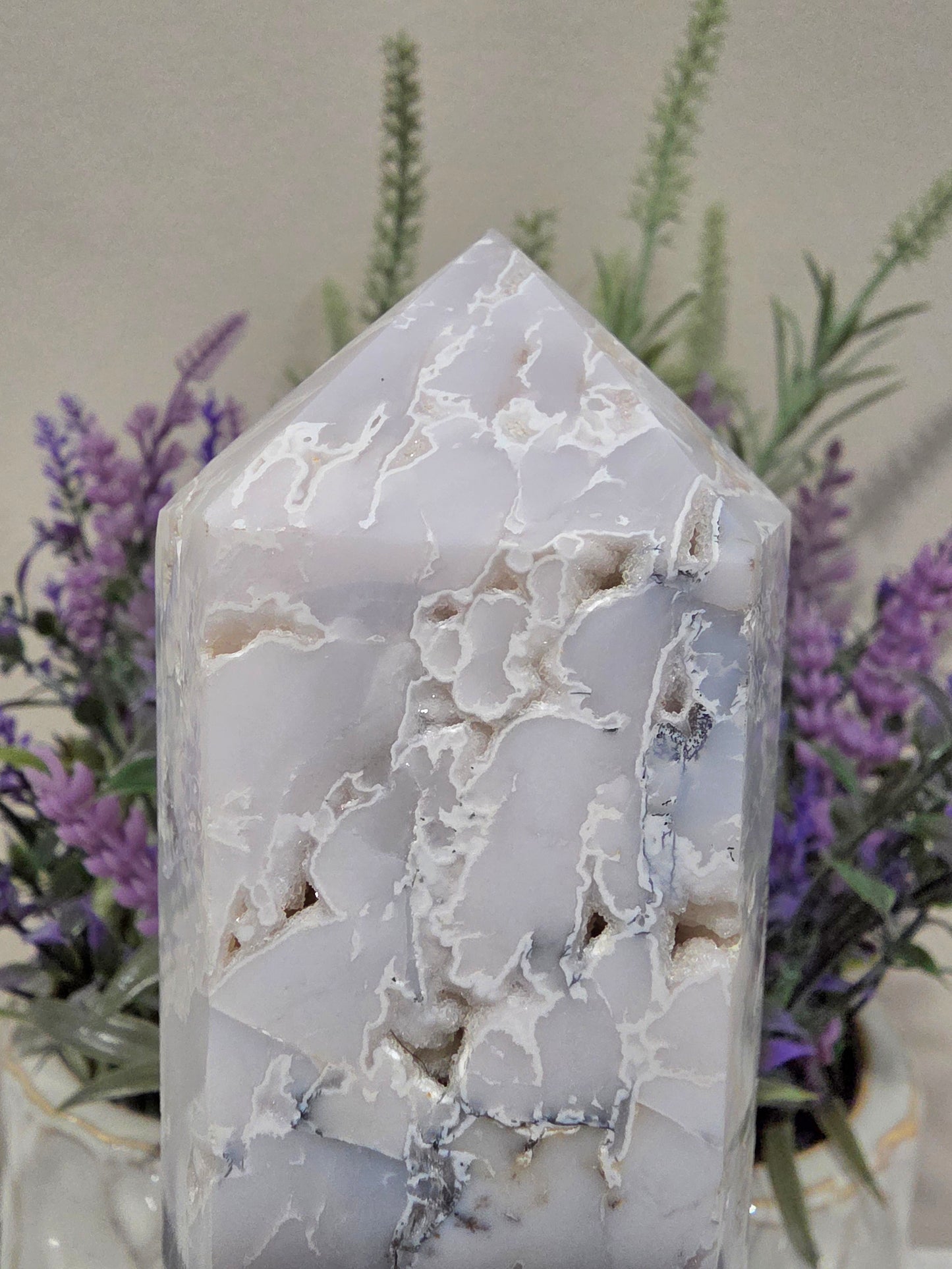 White Flower Agate Tower 6” | Natural Druzy Agate Crystal Point | Polished White Gray Stone Décor | IG Crystal Archive
