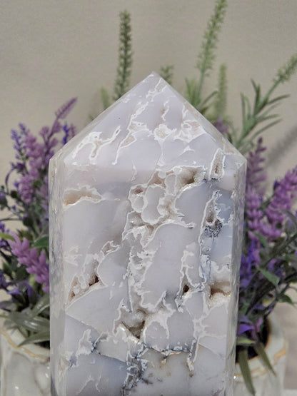 White Flower Agate Tower 6” | Natural Druzy Agate Crystal Point | Polished White Gray Stone Décor | IG Crystal Archive