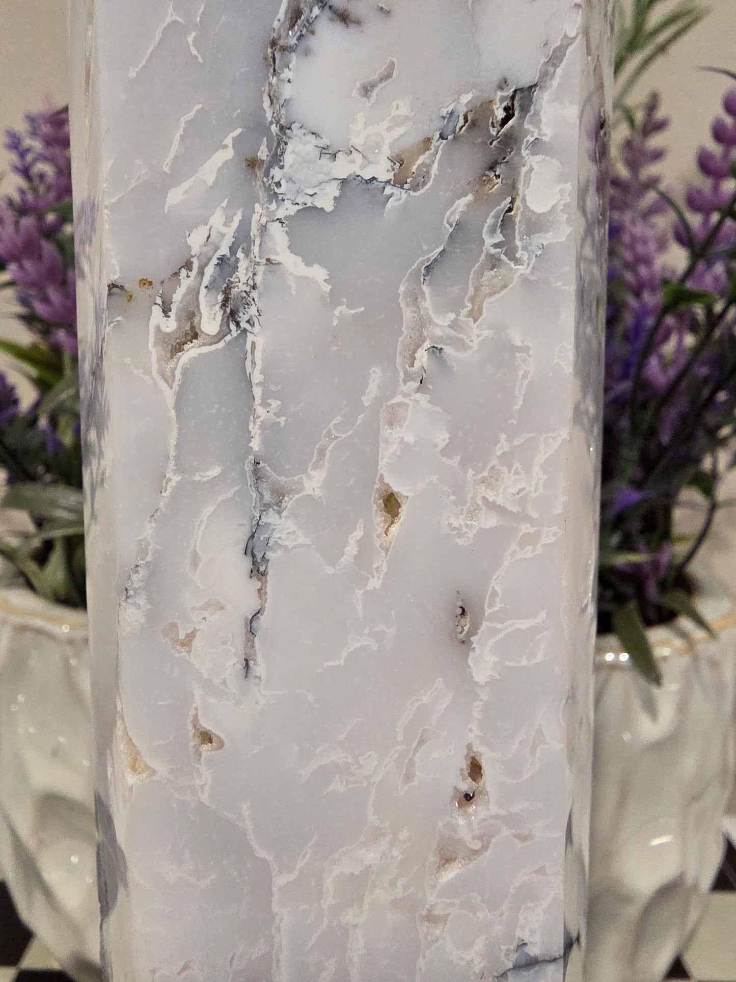 White Flower Agate Tower 6” | Natural Druzy Agate Crystal Point | Polished White Gray Stone Décor | IG Crystal Archive