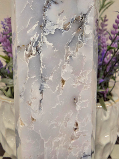 White Flower Agate Tower 6” | Natural Druzy Agate Crystal Point | Polished White Gray Stone Décor | IG Crystal Archive