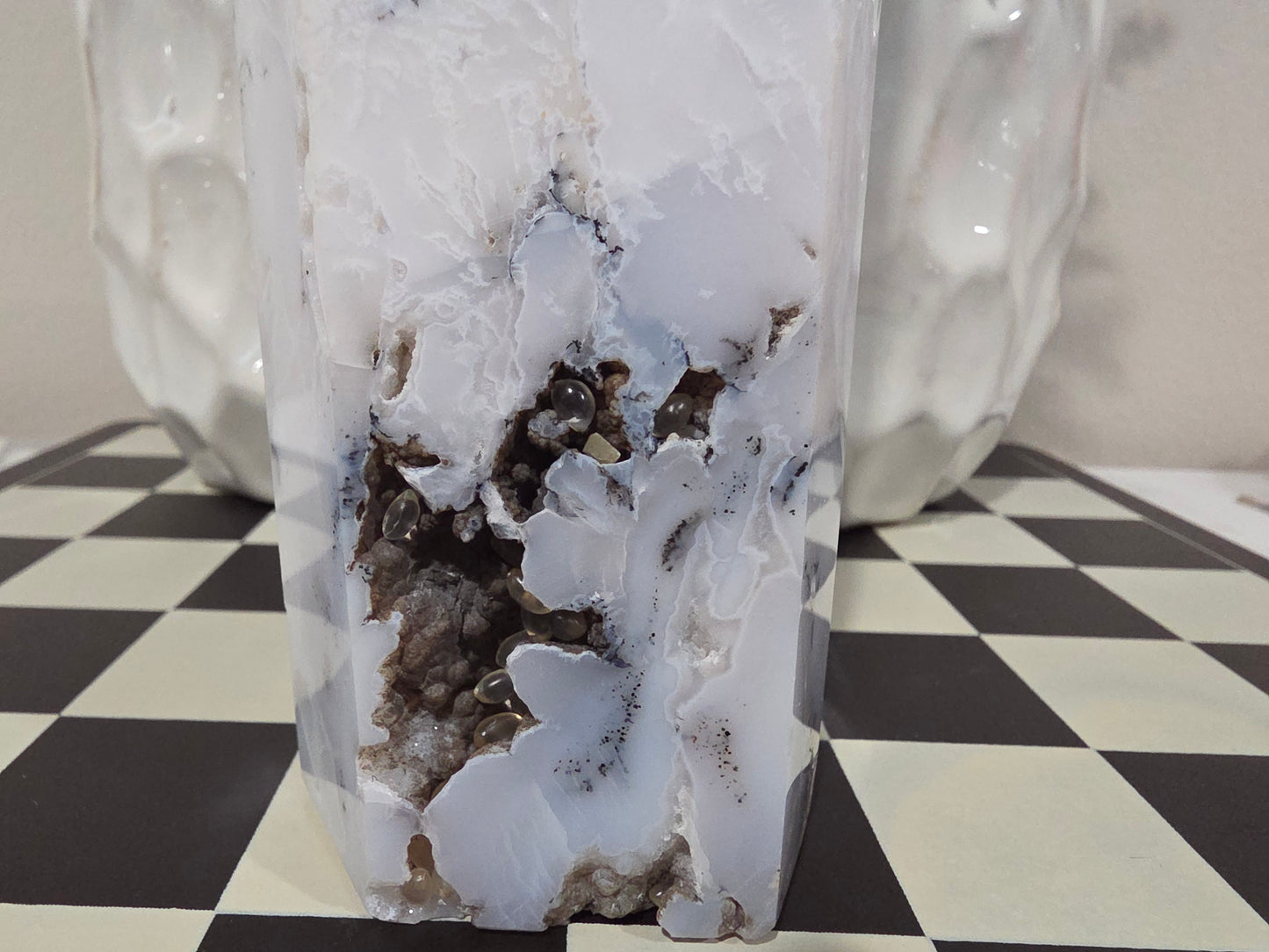 White Flower Agate Tower 6” | Natural Druzy Agate Crystal Point | Polished White Gray Stone Décor | IG Crystal Archive