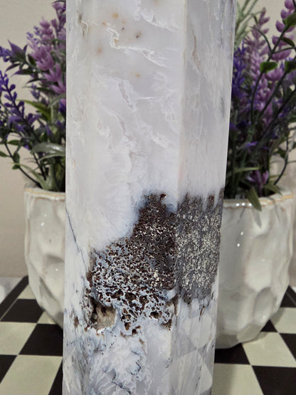 White Flower Agate Tower 6” | Natural Druzy Agate Crystal Point | Polished White Gray Stone Décor | IG Crystal Archive