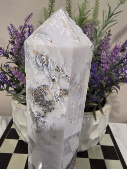 White Flower Agate Tower 6” | Natural Druzy Agate Crystal Point | Polished White Gray Stone Décor | IG Crystal Archive