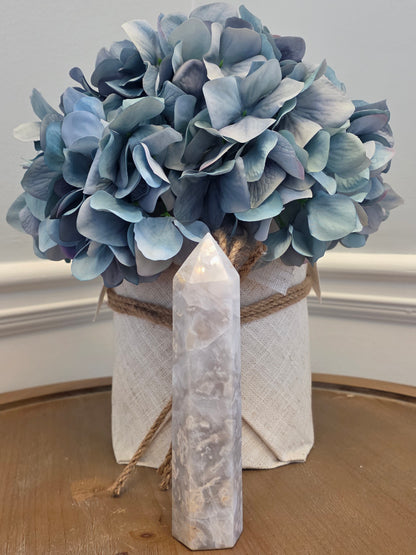 Gray Flower Agate Tower 6” | White Gray Polished Crystal Point | Natural Cloudy Agate Stone Décor | IG Crystal Archive