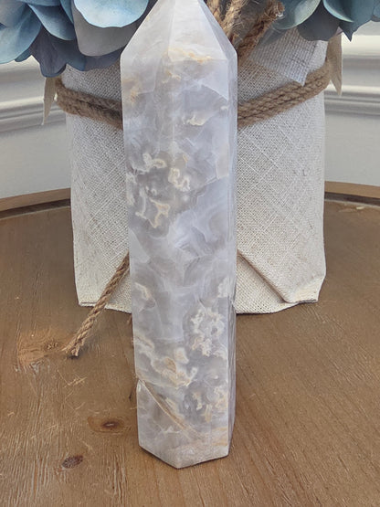 Gray Flower Agate Tower 6” | White Gray Polished Crystal Point | Natural Cloudy Agate Stone Décor | IG Crystal Archive