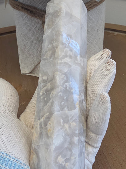 Gray Flower Agate Tower 6” | White Gray Polished Crystal Point | Natural Cloudy Agate Stone Décor | IG Crystal Archive