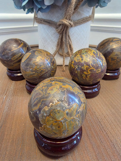 Leopard Skin Jasper Sphere 50mm | Natural Polished Crystal Ball | Brown Gold Spotted Stone Décor | IG Crystal Archive