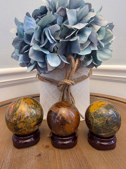 Natural Pietersite Sphere 55mm – Golden Blue Brown Polished Crystal Ball, Stormy Statement Décor, Unique Collector Mineral