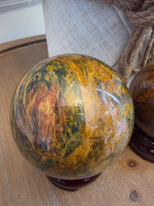 Natural Pietersite Sphere 55mm – Golden Blue Brown Polished Crystal Ball, Stormy Statement Décor, Unique Collector Mineral