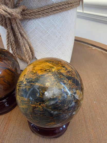 Natural Pietersite Sphere 55mm – Golden Blue Brown Polished Crystal Ball, Stormy Statement Décor, Unique Collector Mineral