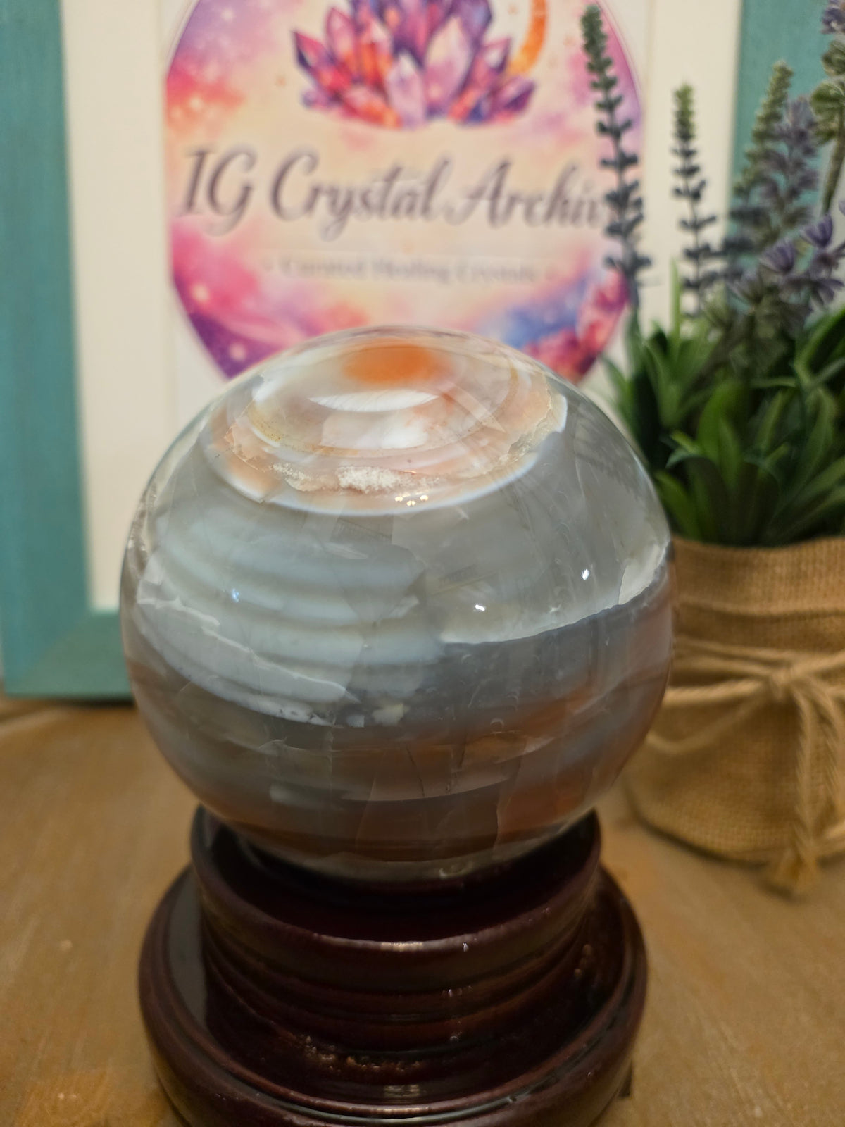 Large Banded Agate Sphere with Druzy | 3" Natural Polished Agate Crystal Ball | Gray White & Caramel Display Sphere | Exact Stone