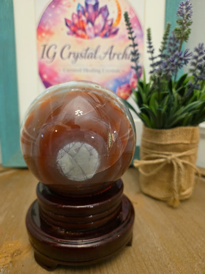 Large Banded Agate Sphere with Druzy | 3" Natural Polished Agate Crystal Ball | Gray White & Caramel Display Sphere | Exact Stone