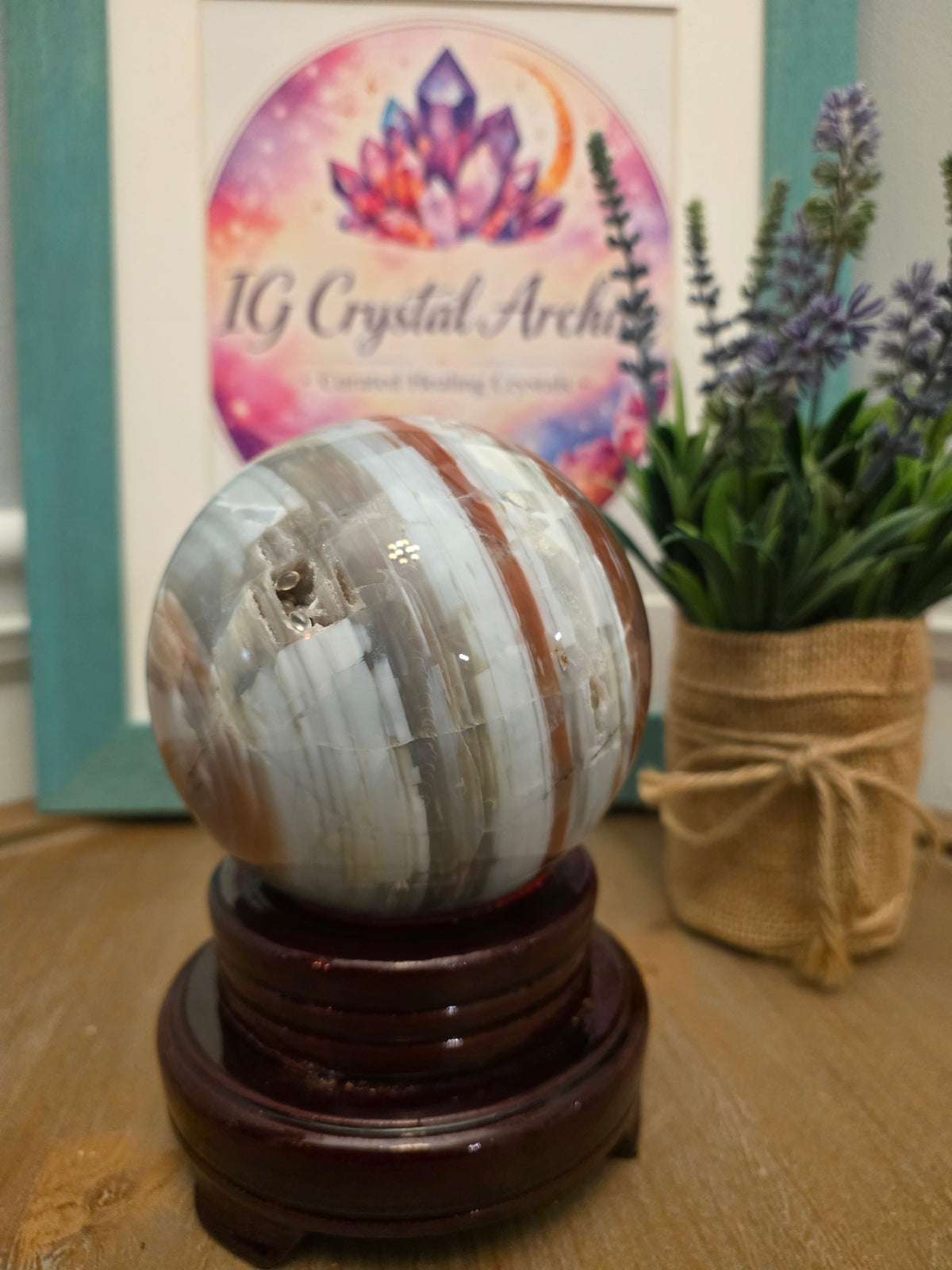 Large Banded Agate Sphere with Druzy | 3" Natural Polished Agate Crystal Ball | Gray White & Caramel Display Sphere | Exact Stone