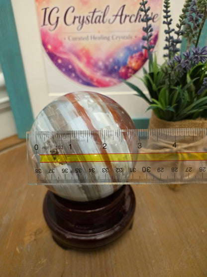 Large Banded Agate Sphere with Druzy | 3" Natural Polished Agate Crystal Ball | Gray White & Caramel Display Sphere | Exact Stone