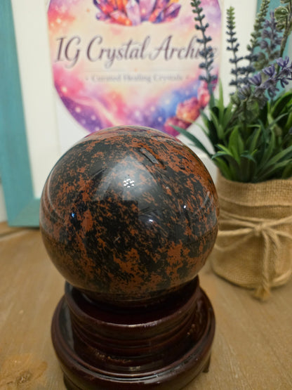 Large Mahogany Obsidian Sphere | 2.5" Polished Natural Volcanic Glass | Decorative Crystal Sphere | Exact Stone