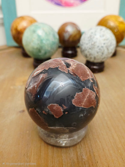 Natural Brecciated Red Jasper Sphere | Black & Red Jasper Crystal Sphere | Polished Gemstone Décor | 2.25" Collectible Sphere