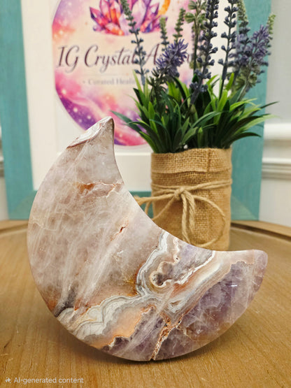Pink Amethyst Agate Crescent Moon | Natural Pink Amethyst Crystal Moon | Banded Agate Home Décor | One-of-a-Kind Display Piece