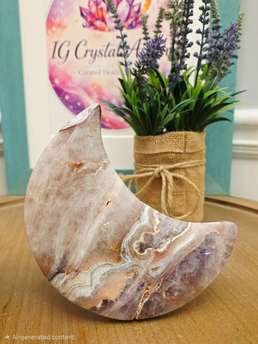 Pink Amethyst Agate Crescent Moon | Natural Pink Amethyst Crystal Moon | Banded Agate Home Décor | One-of-a-Kind Display Piece