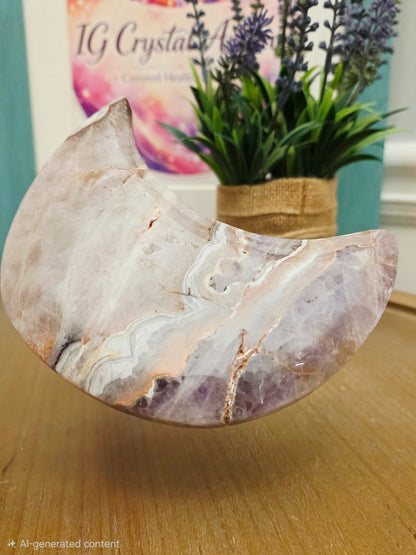 Pink Amethyst Agate Crescent Moon | Natural Pink Amethyst Crystal Moon | Banded Agate Home Décor | One-of-a-Kind Display Piece