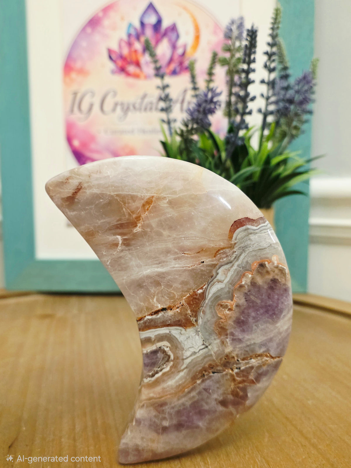 Pink Amethyst Agate Crescent Moon | Natural Pink Amethyst Crystal Moon | Banded Agate Home Décor | One-of-a-Kind Display Piece