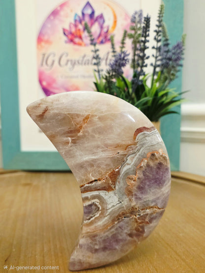 Pink Amethyst Agate Crescent Moon | Natural Pink Amethyst Crystal Moon | Banded Agate Home Décor | One-of-a-Kind Display Piece