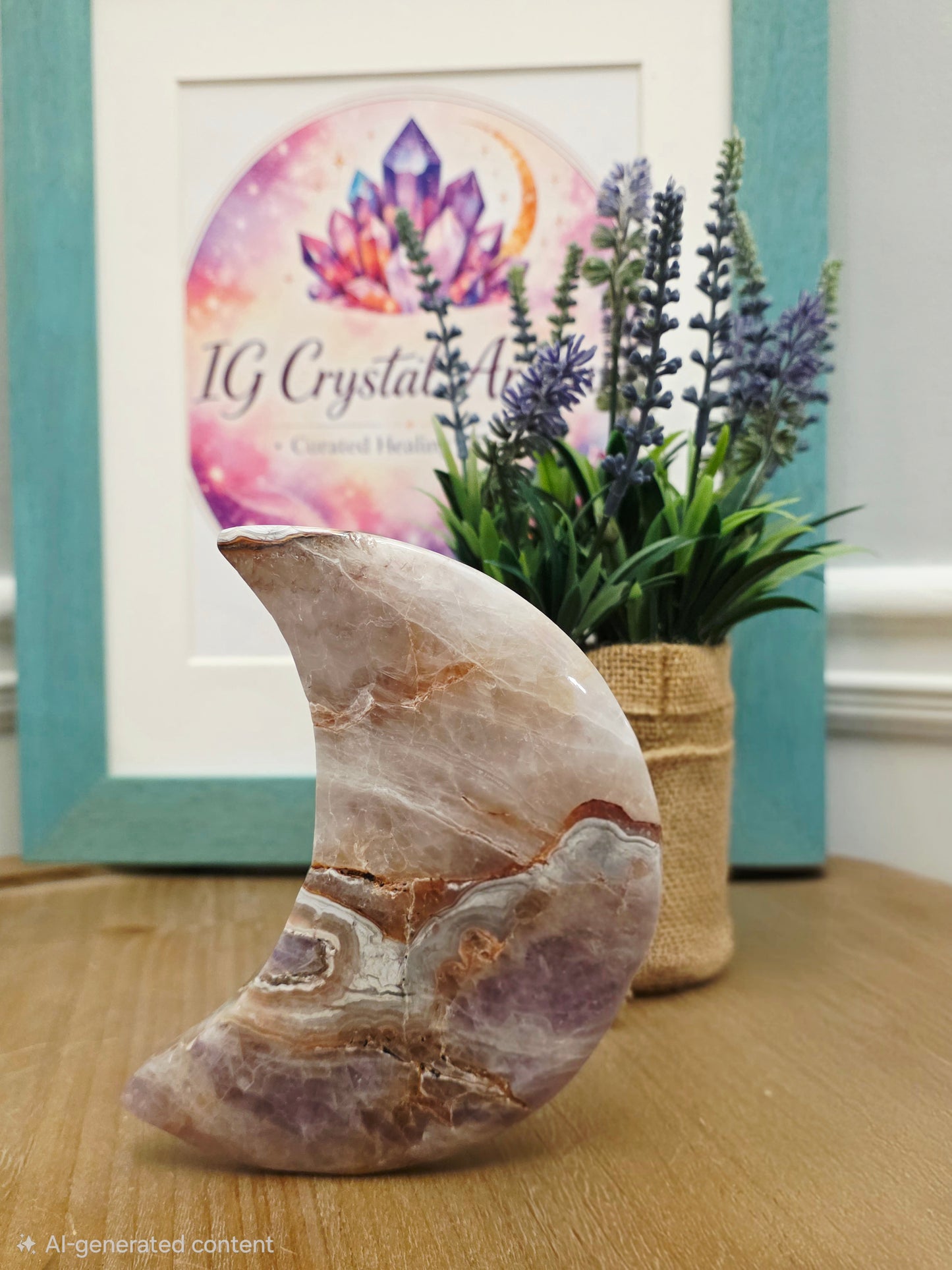 Pink Amethyst Agate Crescent Moon | Natural Pink Amethyst Crystal Moon | Banded Agate Home Décor | One-of-a-Kind Display Piece