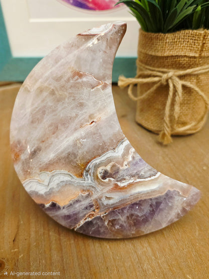 Pink Amethyst Agate Crescent Moon | Natural Pink Amethyst Crystal Moon | Banded Agate Home Décor | One-of-a-Kind Display Piece