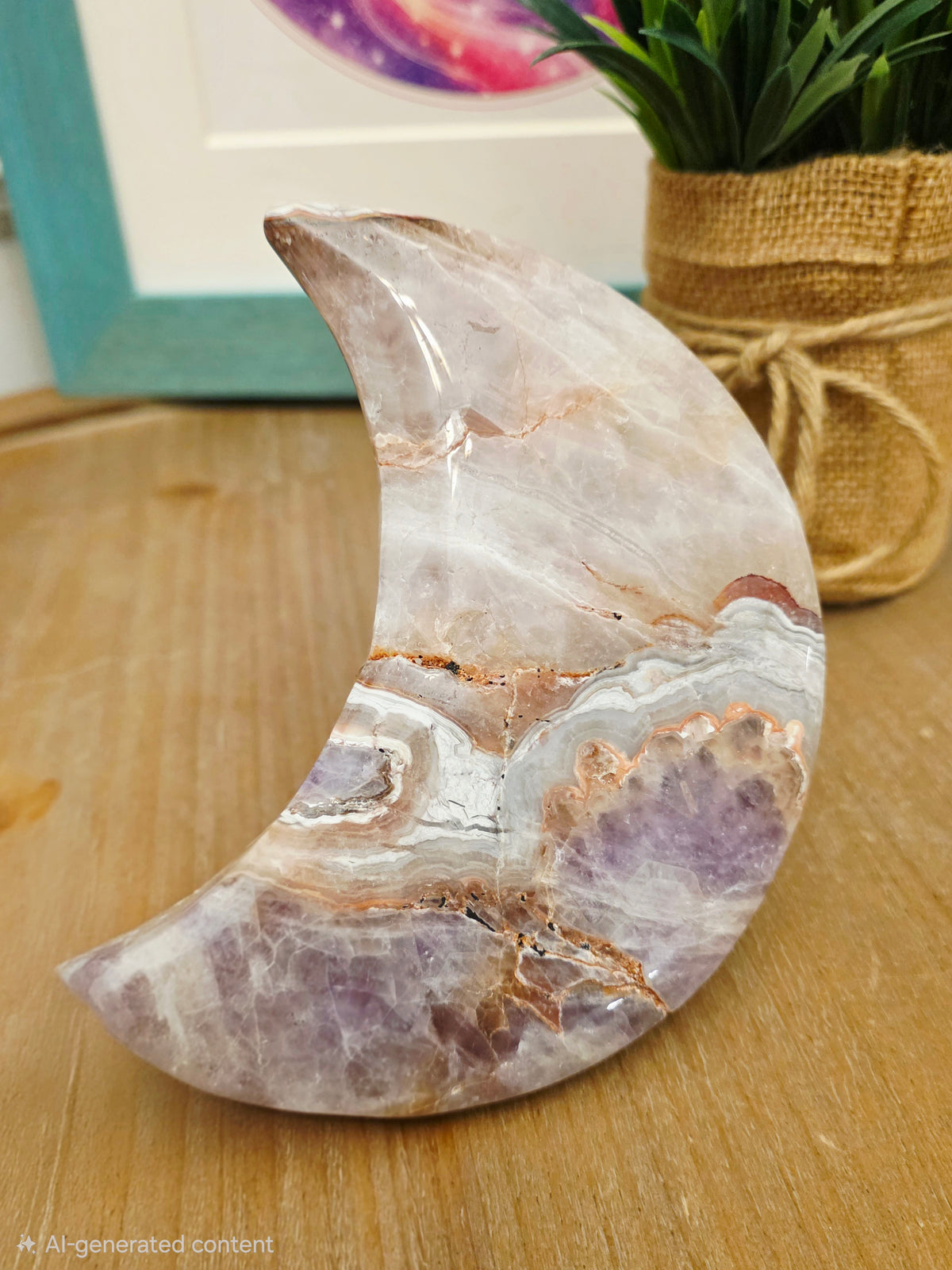 Pink Amethyst Agate Crescent Moon | Natural Pink Amethyst Crystal Moon | Banded Agate Home Décor | One-of-a-Kind Display Piece