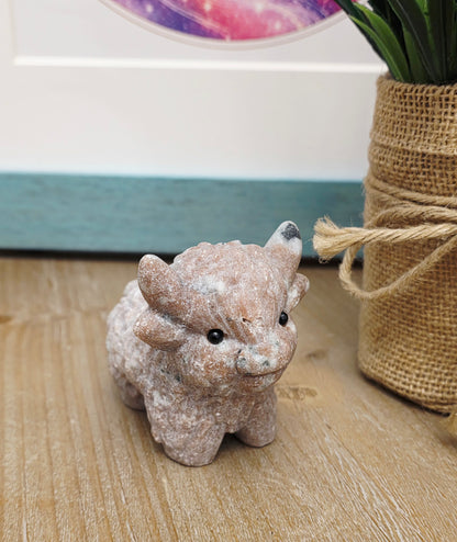 Pink Aragonite Baby Triceratops Crystal Carving | Hand-Carved Dinosaur Figurine | Natural Stone Collectible