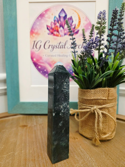 Natural Moss Agate Crystal Tower | Polished Green Moss Agate Point | 5" Decorative Crystal Tower | One-of-a-Kind Mineral Specimen