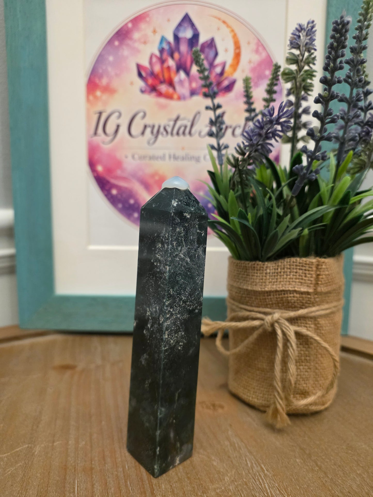 Natural Moss Agate Crystal Tower | Polished Green Moss Agate Point | 5" Decorative Crystal Tower | One-of-a-Kind Mineral Specimen