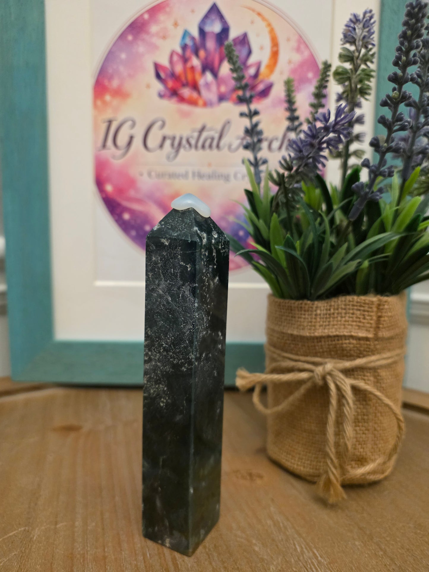 Natural Moss Agate Crystal Tower | Polished Green Moss Agate Point | 5" Decorative Crystal Tower | One-of-a-Kind Mineral Specimen
