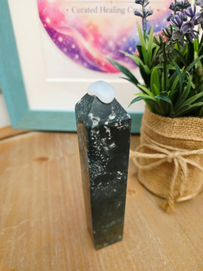 Natural Moss Agate Crystal Tower | Polished Green Moss Agate Point | 5" Decorative Crystal Tower | One-of-a-Kind Mineral Specimen