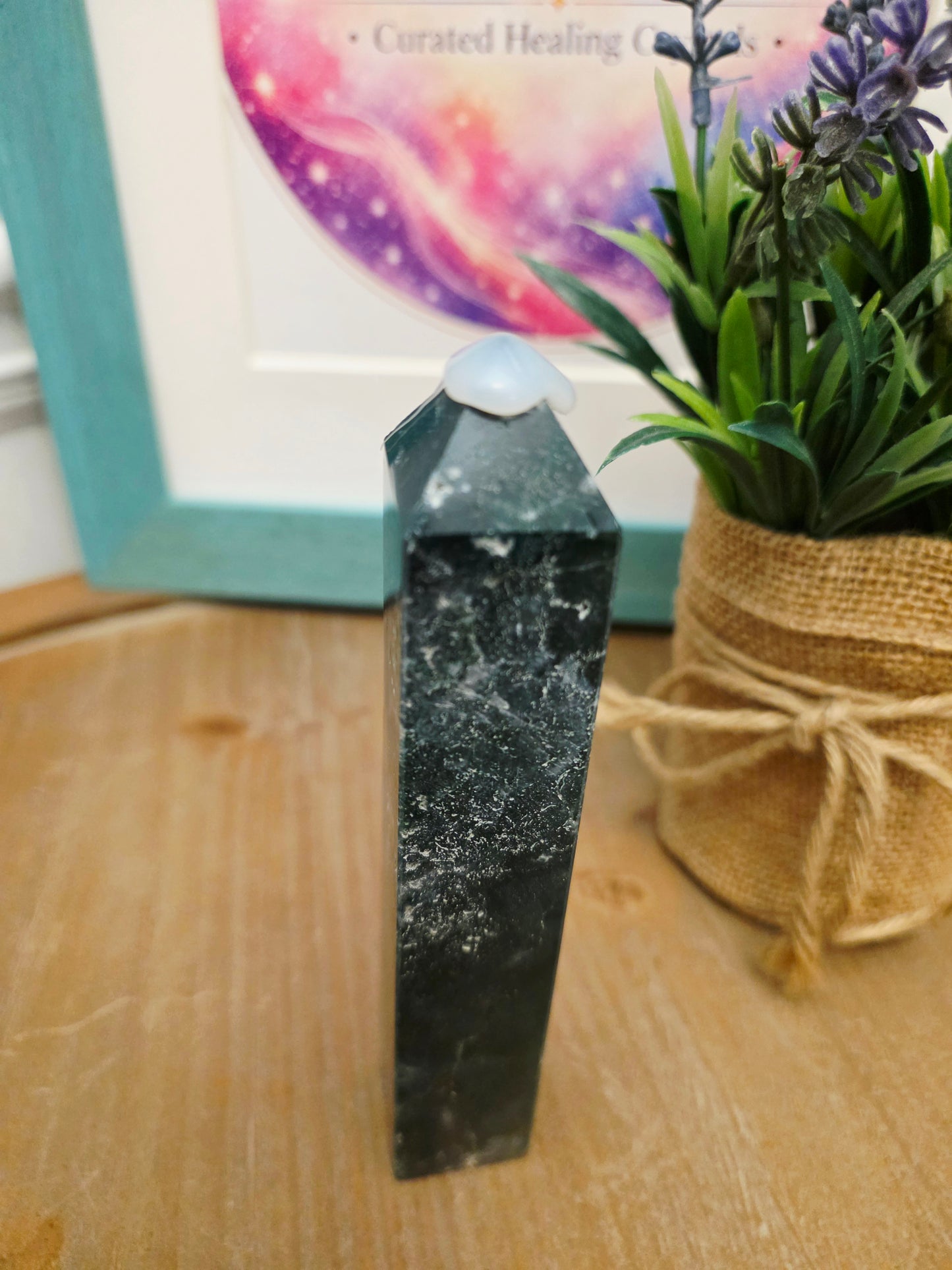 Natural Moss Agate Crystal Tower | Polished Green Moss Agate Point | 5" Decorative Crystal Tower | One-of-a-Kind Mineral Specimen