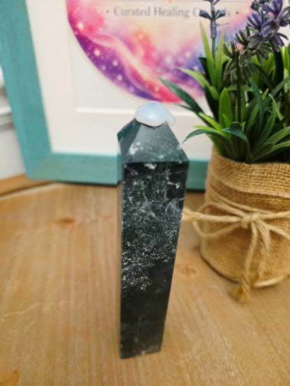 Natural Moss Agate Crystal Tower | Polished Green Moss Agate Point | 5" Decorative Crystal Tower | One-of-a-Kind Mineral Specimen